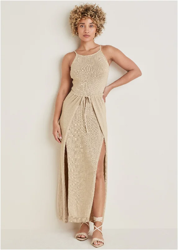 knit prom dress-High Slit Sweater Maxi - Sand