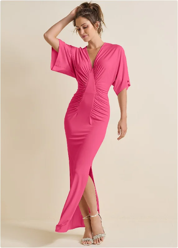 chic prom dress-Drape Sleeve Maxi Dress - Hot Pink