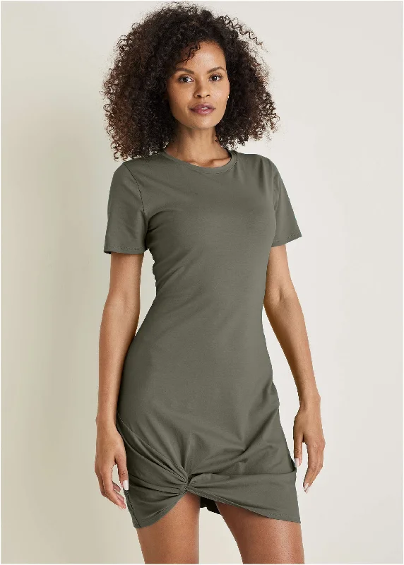 coral cocktail dress-Side Twist T-Shirt Dress - Olive