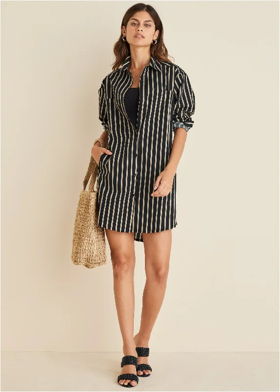 button down prom dress-Shirt Dress - Tan Black Stripe