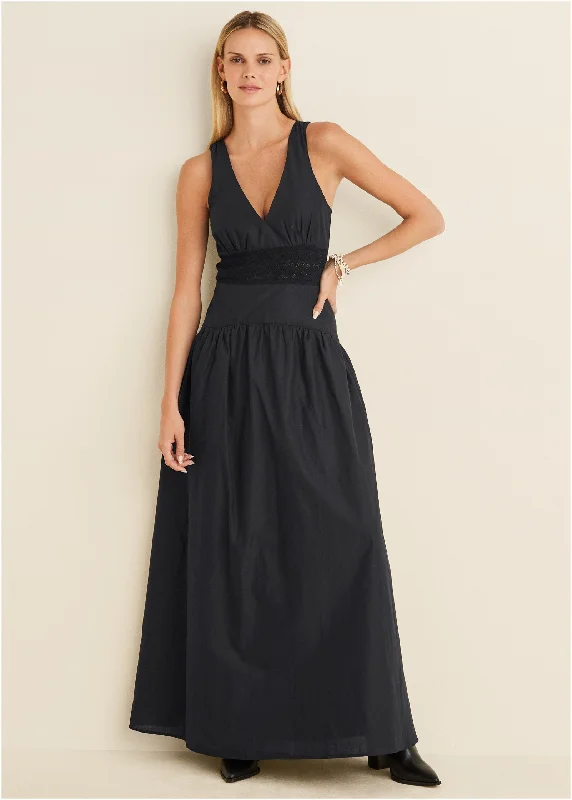 velvet party dress-Lace Detail Drop Waist Maxi - Black