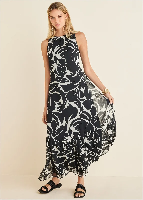 high low dress-Ruffle Hem Maxi Dress - Woodcut Botanical