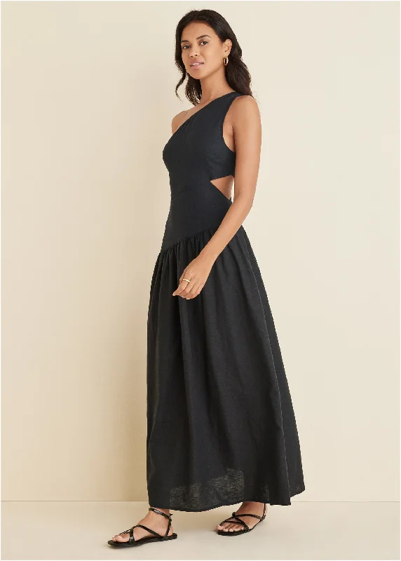 leather party dress-Linen Cutout Maxi Dress - Black