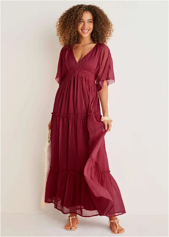 brown sundress-Flutter Sleeve Maxi Dress - Wine