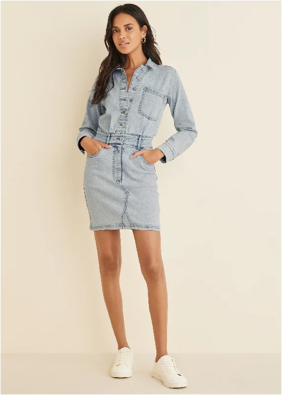 lace overlay prom dress-Denim Shirt Dress - Light Wash