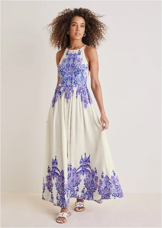 lace overlay dress-Printed Linen Maxi Dress - Purple Paisley Border