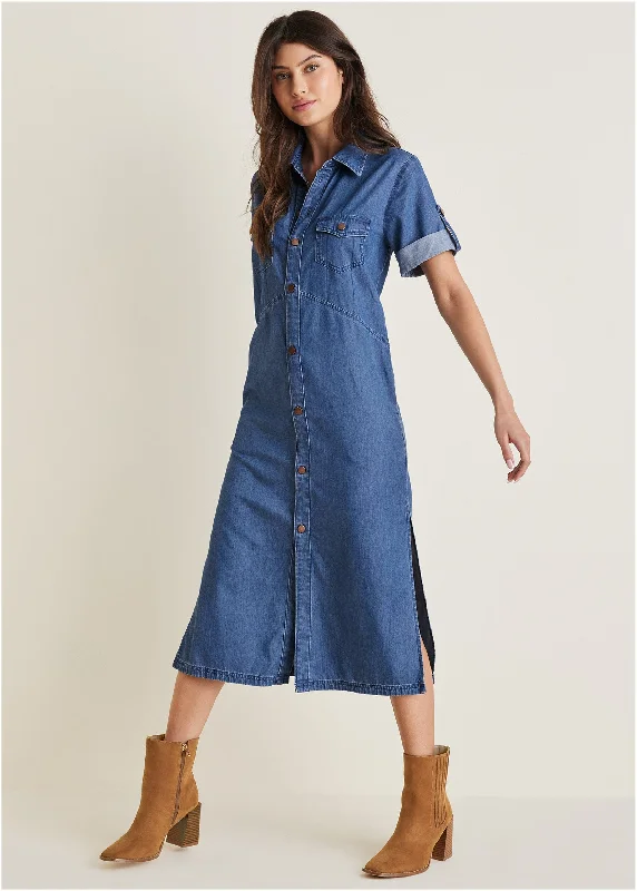 polka dot prom dress-Denim Midi Shirt Dress - Medium Wash