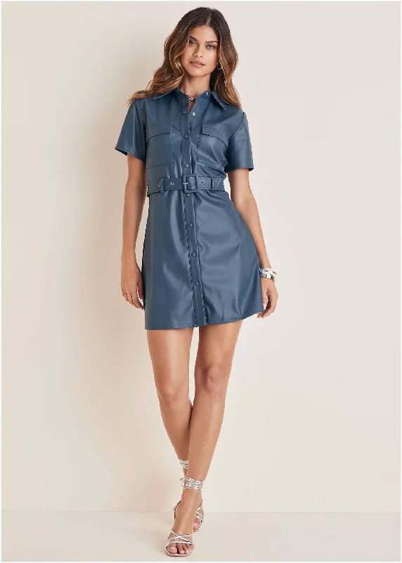 bodycon sundress-Faux Leather Shirt Dress - Vintage Indigo