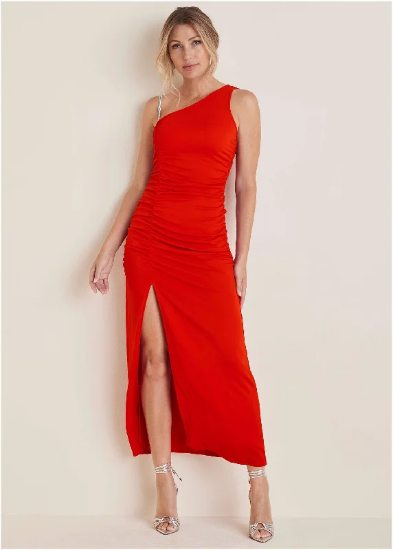 ruffled cocktail dress-High Slit Maxi Dress - Goji Berry