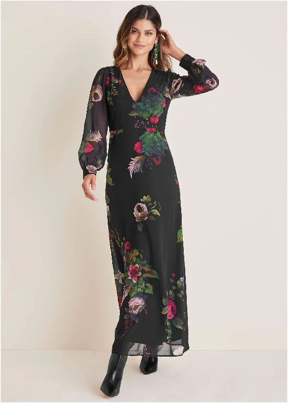 polka dot maxi dress-V-Neck Floral Maxi Dress - Black Multi