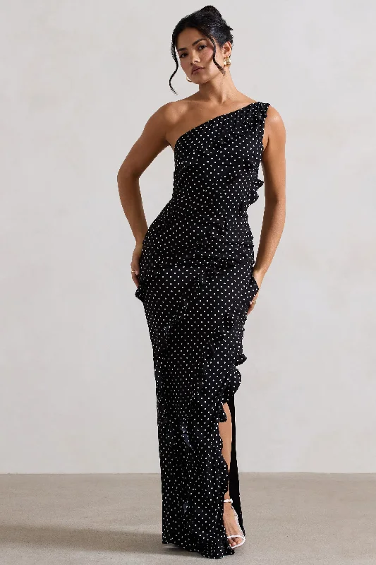 brown boho dress-Zafra | Black Polka Dot Asymmetric Ruffle Maxi Dress