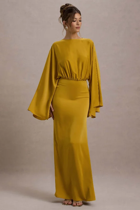 backless cocktail dress-Zuzanna | Mustard Draped Maxi Dress With Cape Sleeves