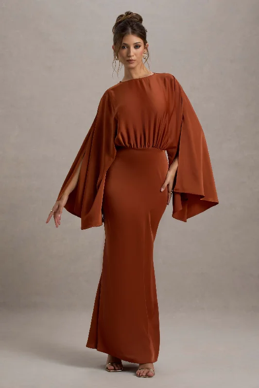 lace overlay maxi dress-Zuzanna | Rust Draped Maxi Dress With Cape Sleeves