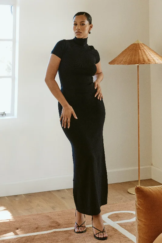 tiered pencil skirt-Avani Mid Rise Knit Maxi Skirt - Black