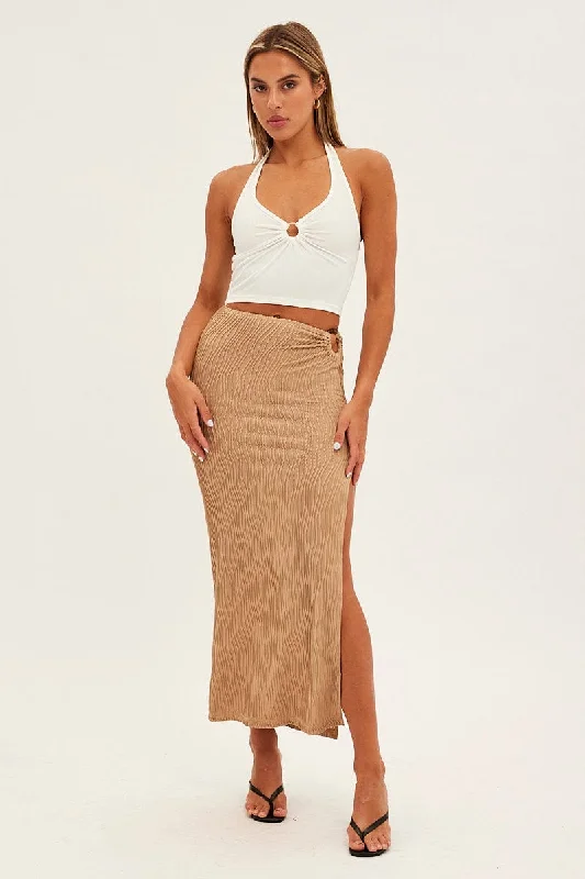 knit midi skirt-Beige Keyhole Midi Skirt