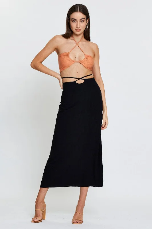 A-line pencil skirt-Black Linen Blend Wrap Tie Waist Maxi Skirt