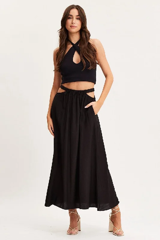 short pencil skirt-Black Maxi Skirt High Rise Cut Out