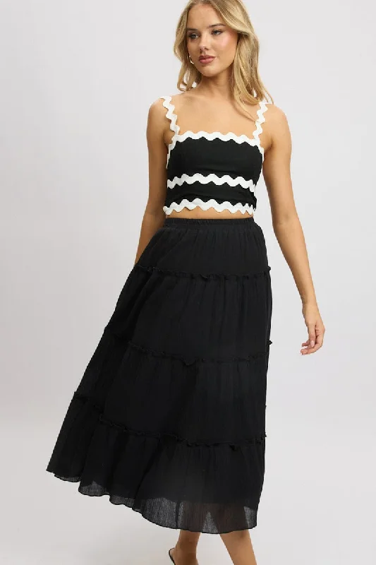 ruby red skirt-Black Midi Skirt Tiered High Rise Lined