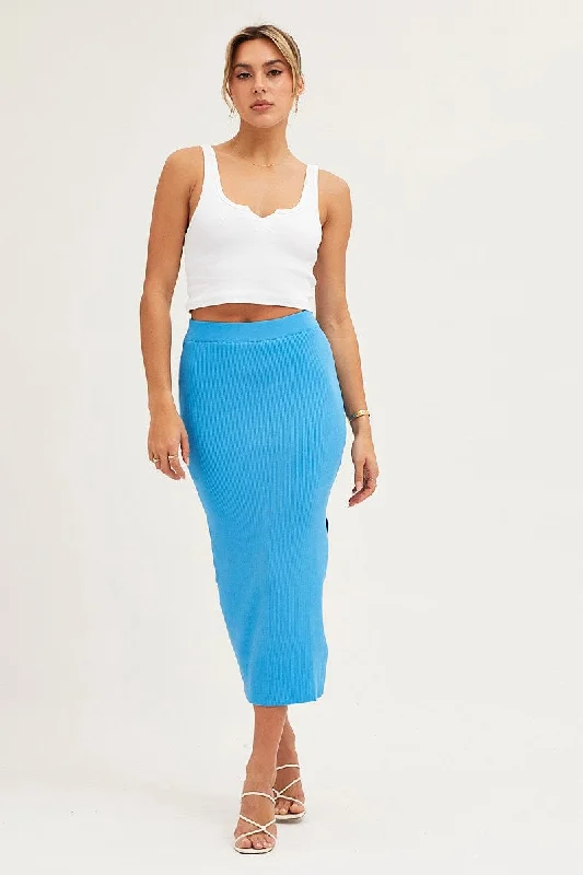 high low pencil skirt-Blue Elastic Waist Side Split Knit Midi Skirt