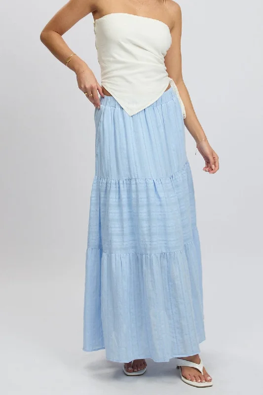 orange midi skirt-Blue Tiered Maxi Skirt High Rise Elastic Waist Lined