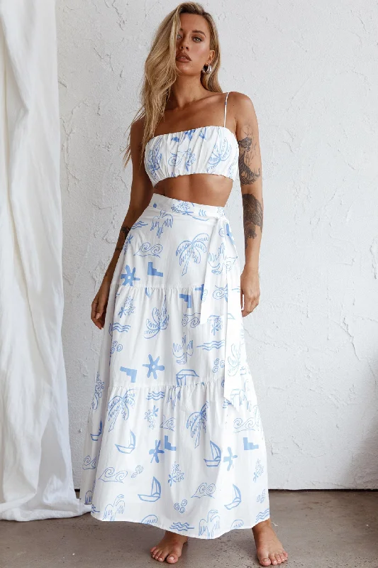 satin maxi skirt-Bondi Waist Tie Maxi Skirt Printed White