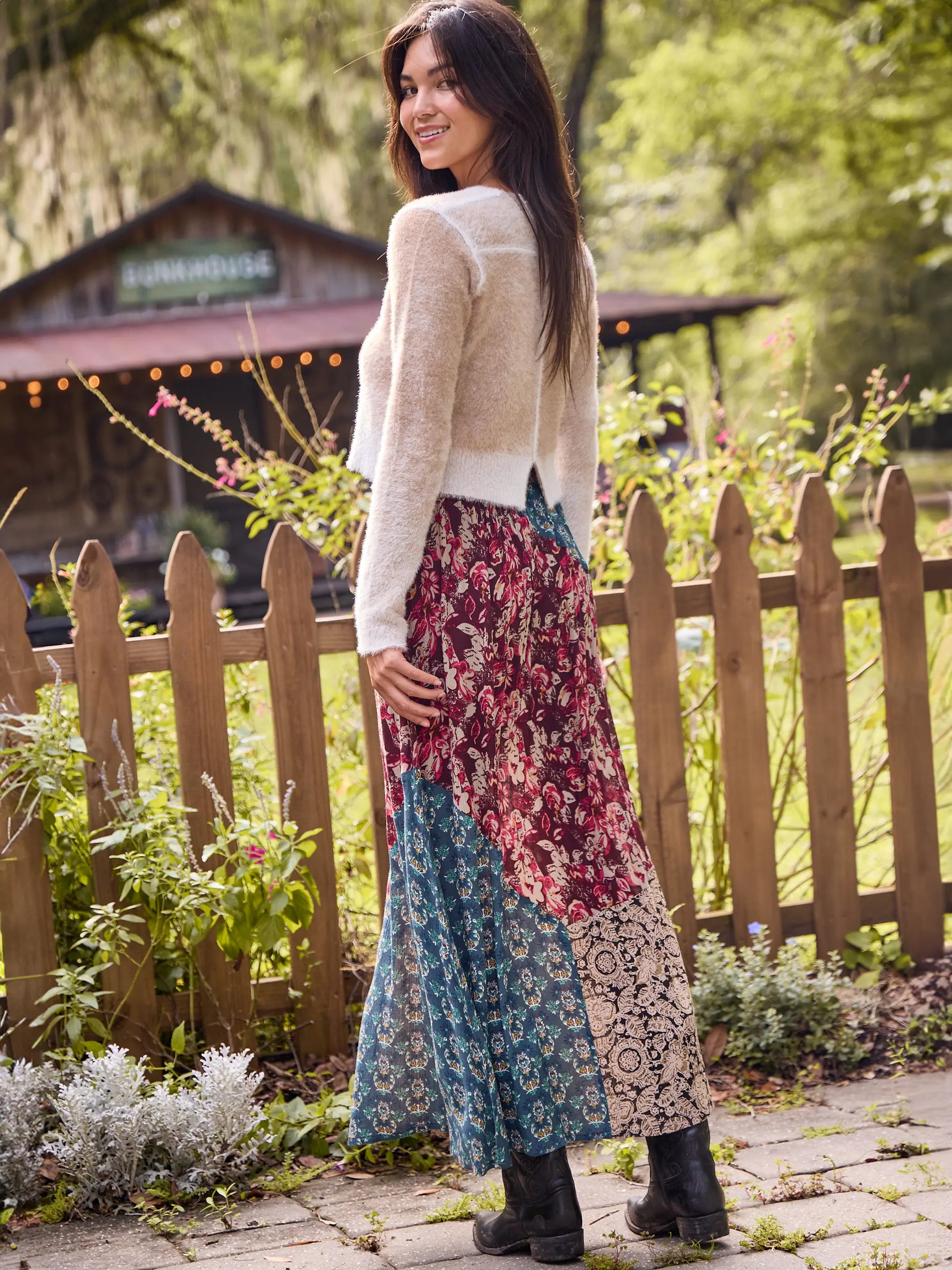 long denim skirt-Come Together Maxi Skirt - Plum Turquoise Mixed Floral