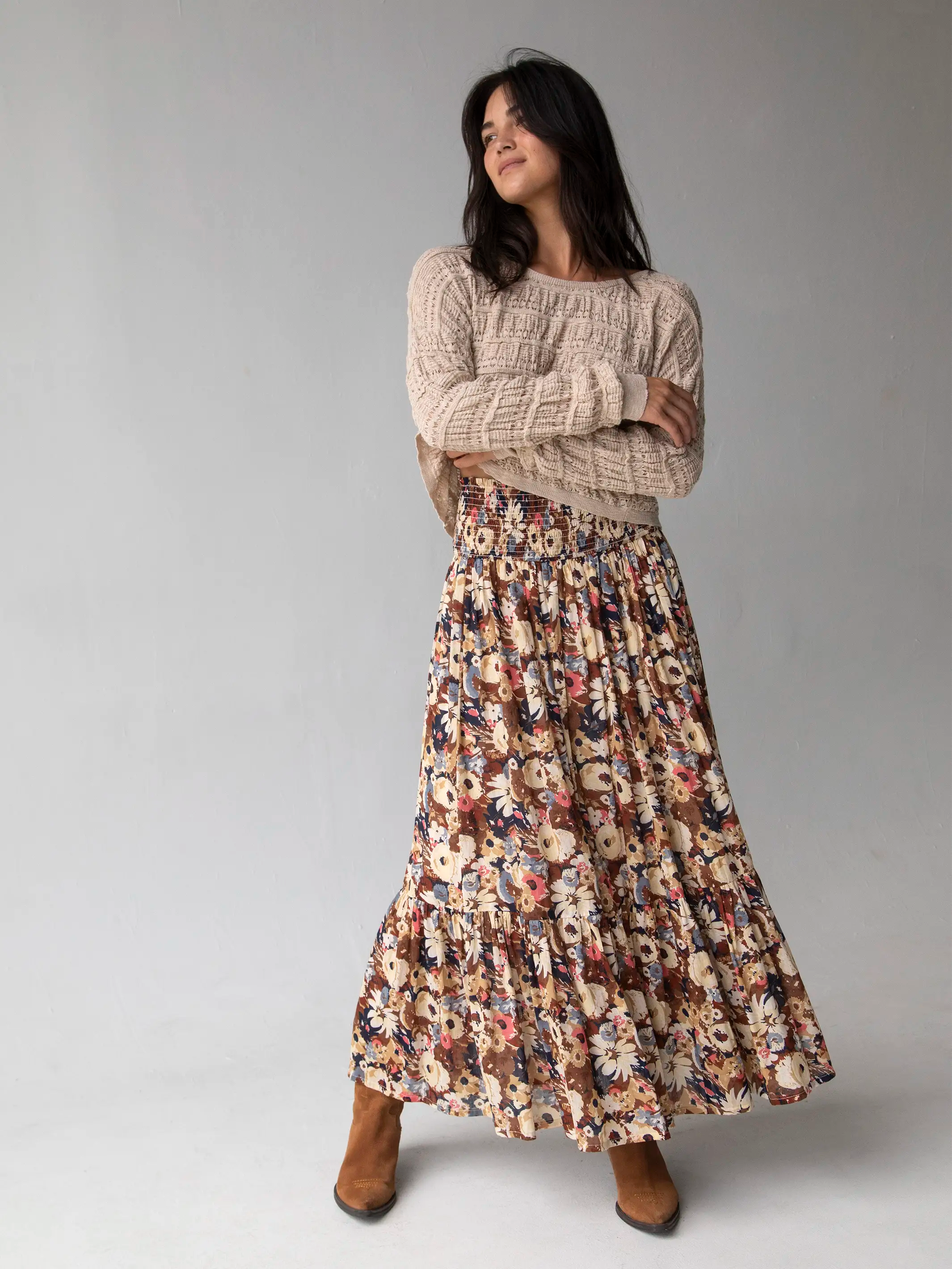 grey midi skirt-Flora Cotton Convertible Maxi Skirt - Brown Navy Floral