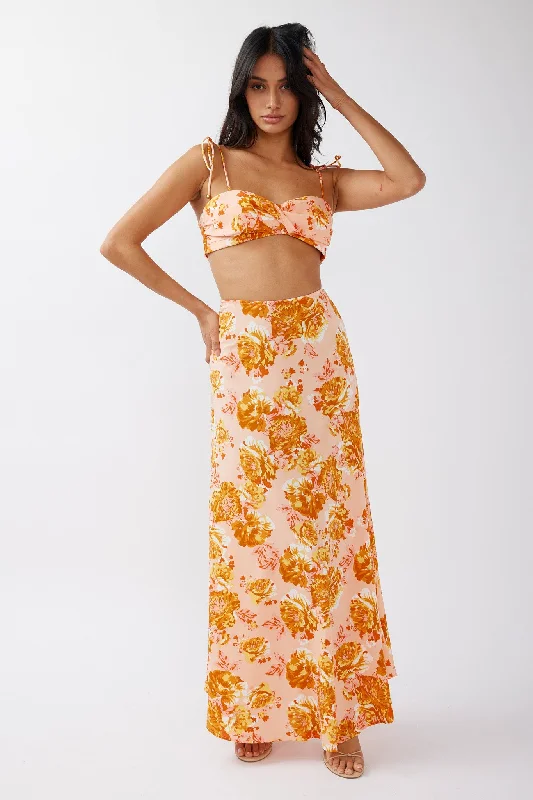 glitter midi skirt-Gabbi Maxi Skirt Floral Print Orange