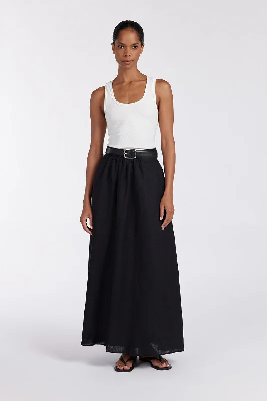 tiered boho skirt-GEMIMA BLACK LINEN MIDI SKIRT