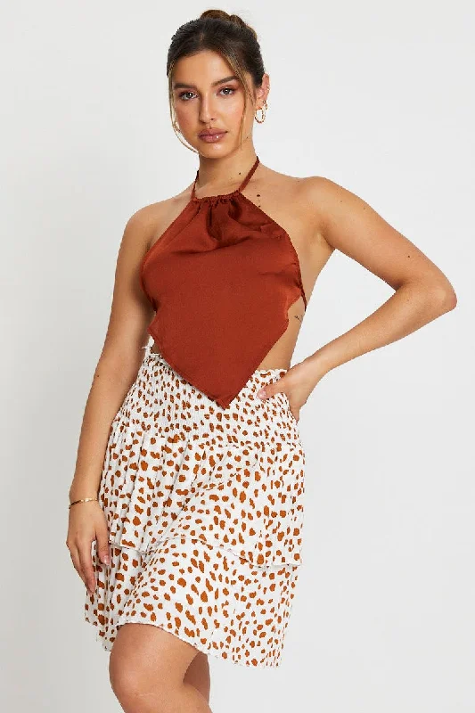 polka dot mini skirt-Geo Print Ruffle Skater Skirt