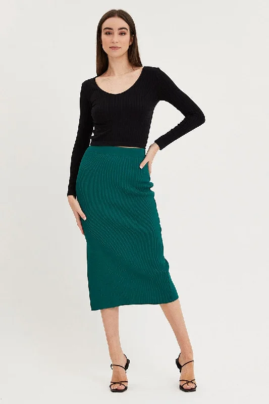 embroidered lace skirt-Green Knit Skirt Midi Side Split