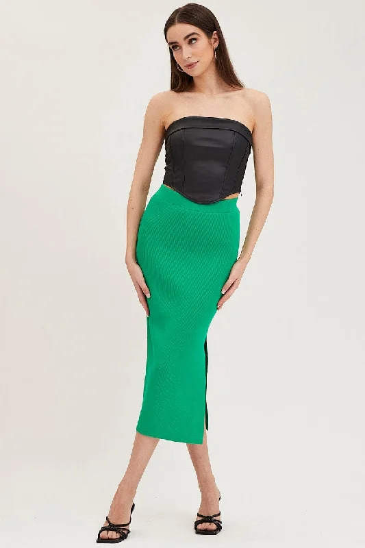 peplum lace skirt-Green Knit Skirt Midi Side Split