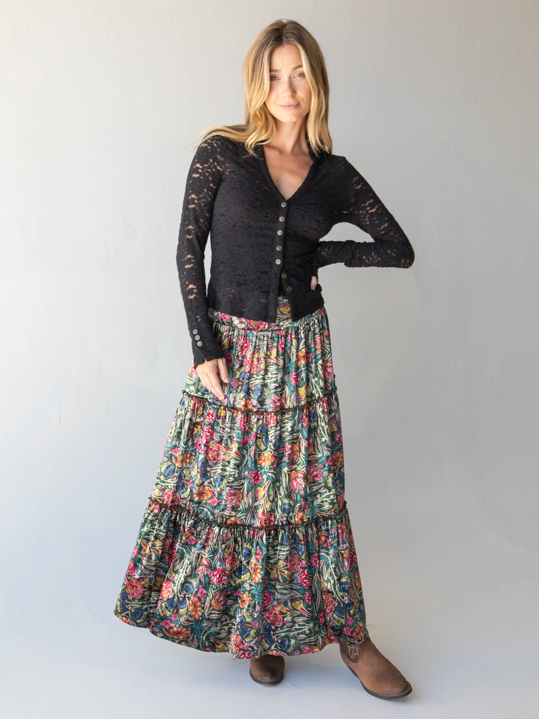 tiered midi skirt-Karlie Tiered Velvet Maxi Skirt - Green Lined Floral