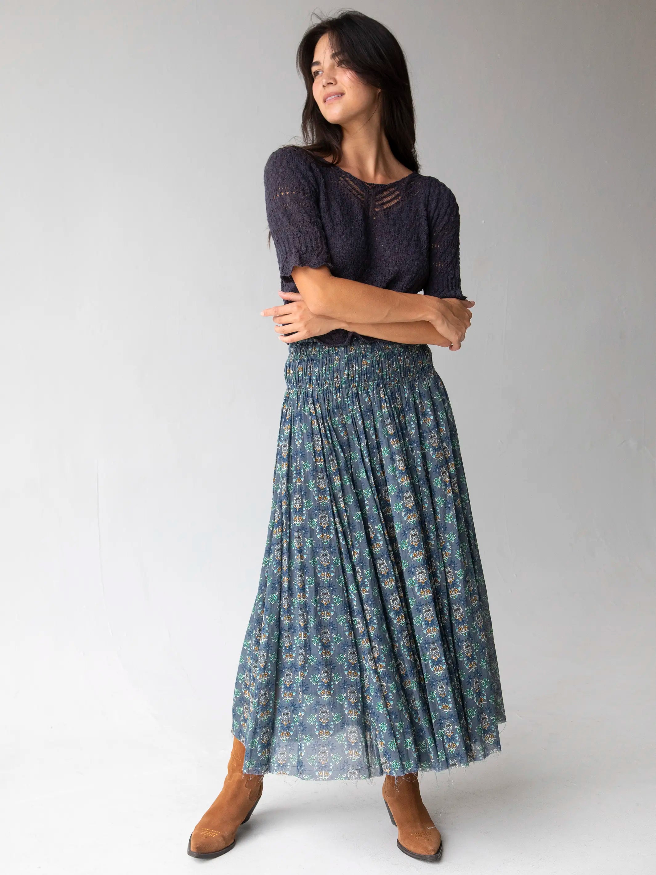 ruched lace skirt-Laurel Convertible Maxi Skirt - Teal Floral Medallion