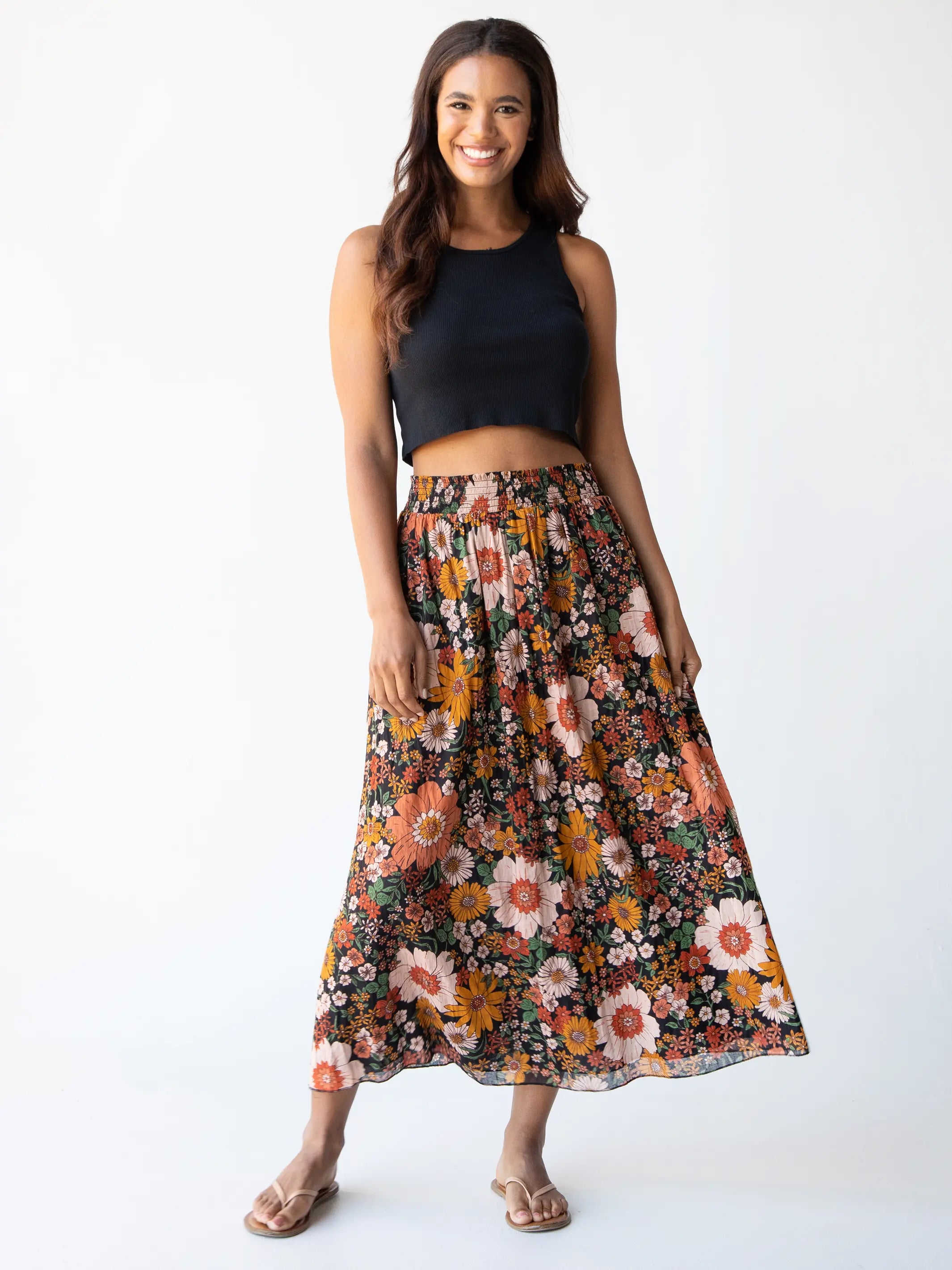 flowy summer skirt-Maylin Midi Skirt - Orange Floral