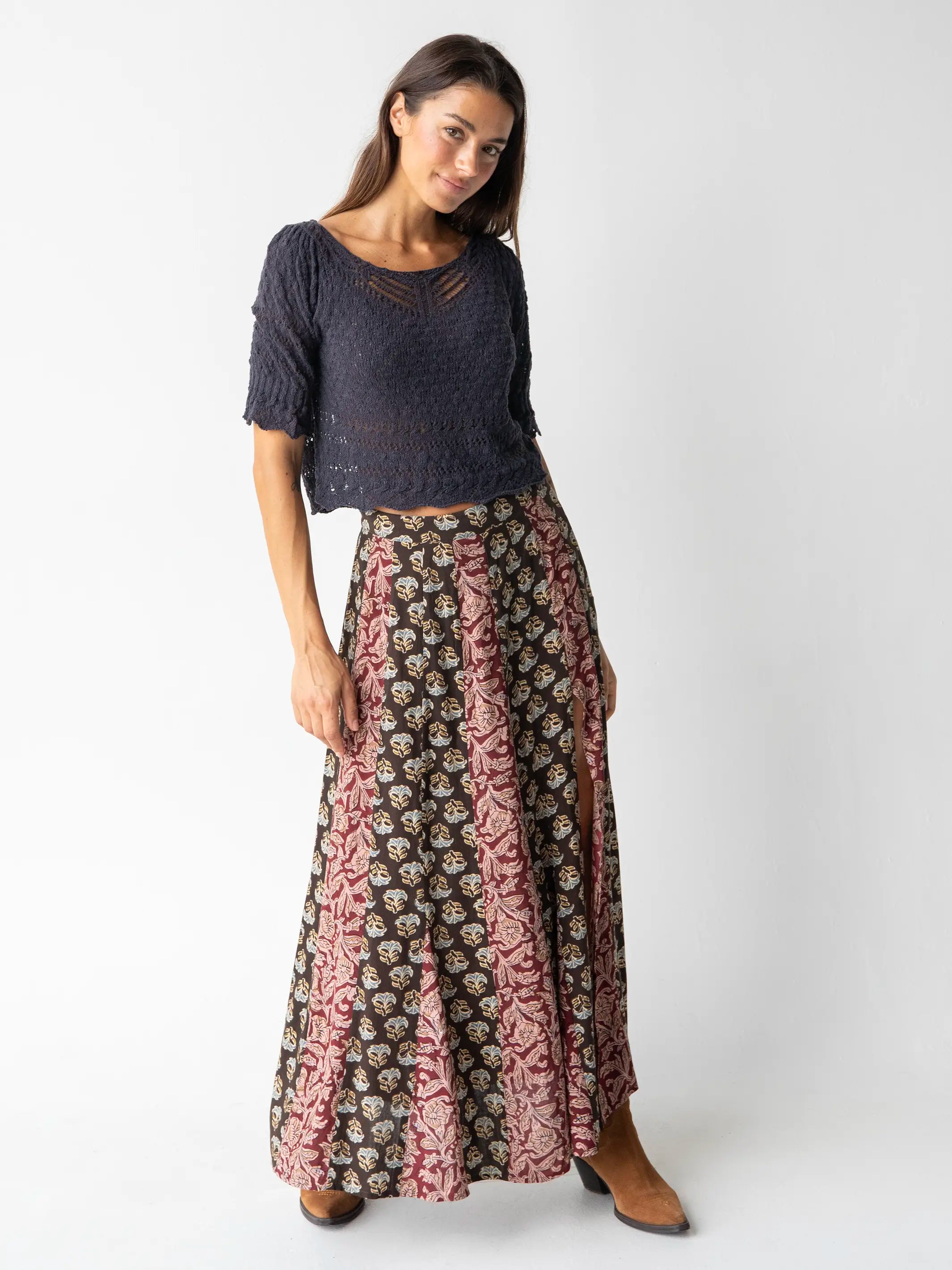 high low skirt-Mix It Up Maxi Skirt - Brown Olive Mixed Floral