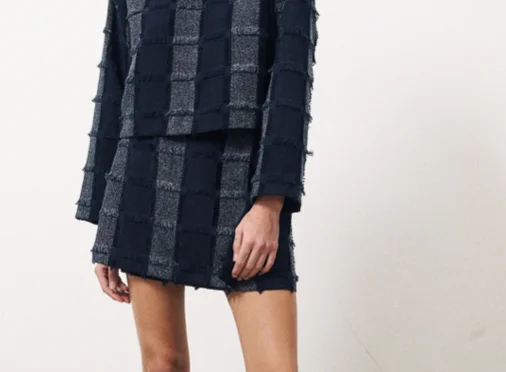 navy blue lace skirt-Navy Woven Skirt by FRNCH