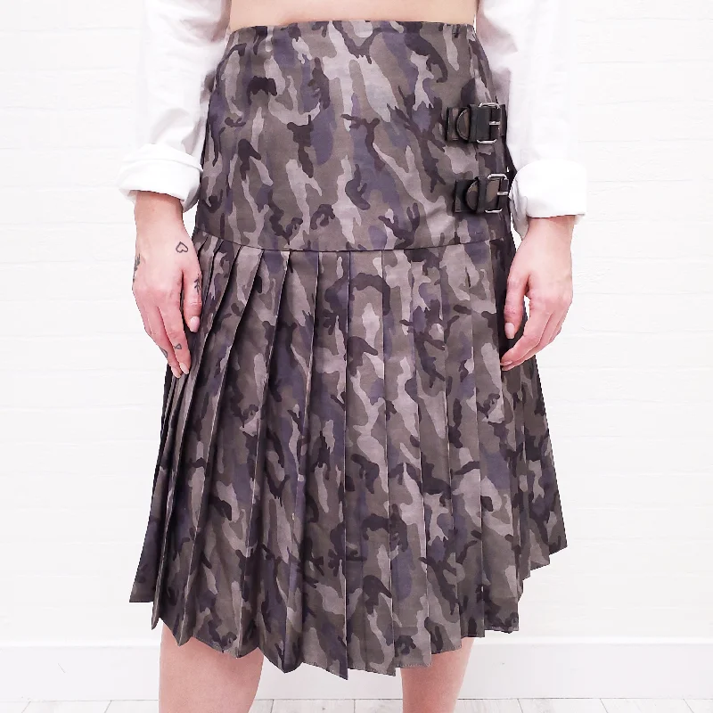 mustard yellow midi skirt-PRADA CAMO SKIRT WITH LEATHER DETAILS - SIZE 42