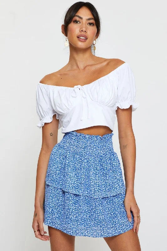 lace trim skirt-Print Elastic Waist Floral Skater Skirt