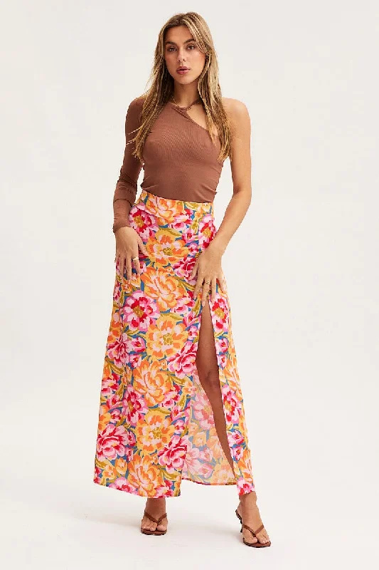 white cotton skirt-Print Maxi Skirt High Rise