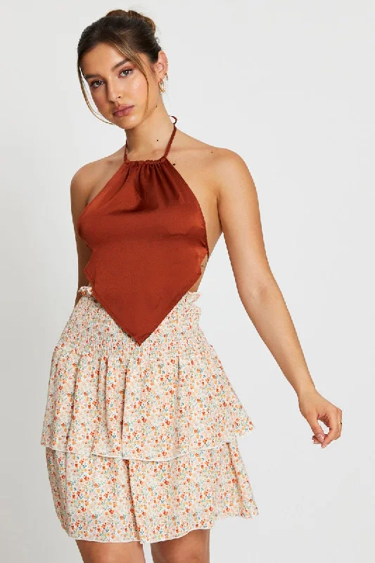 floral summer skirt-Print Ruffle Skater Skirt