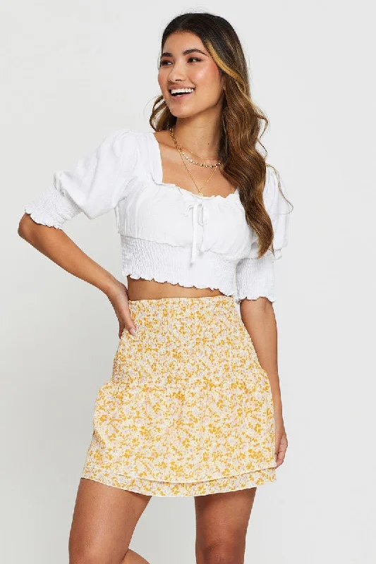 high low maxi skirt-Print Shirred Waist Skater Skirt