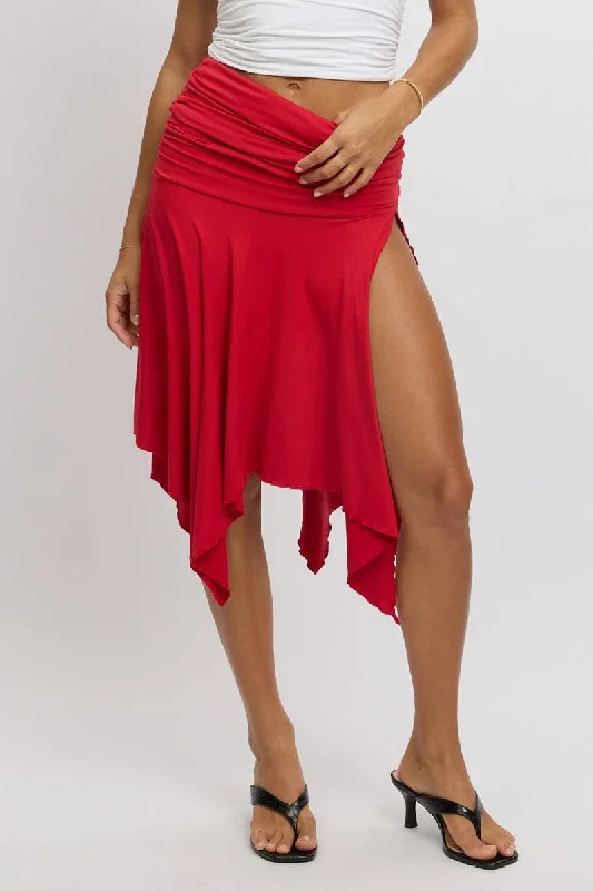 ruffled maxi skirt-Red Scarf Hem Skirt High Rise Midi Asymm Supersoft