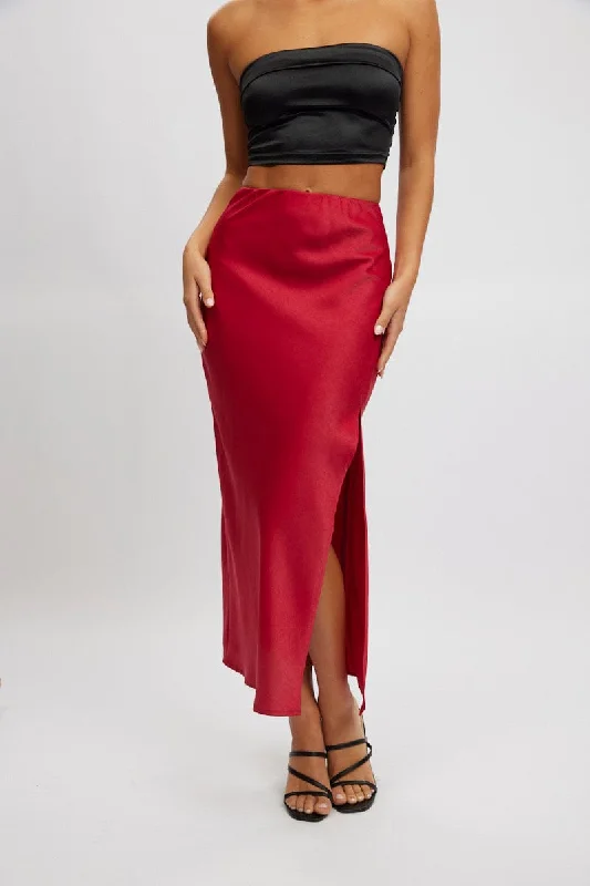 vintage wrap skirt-Red Slip Skirt High Waist Front Split Midaxi Satin