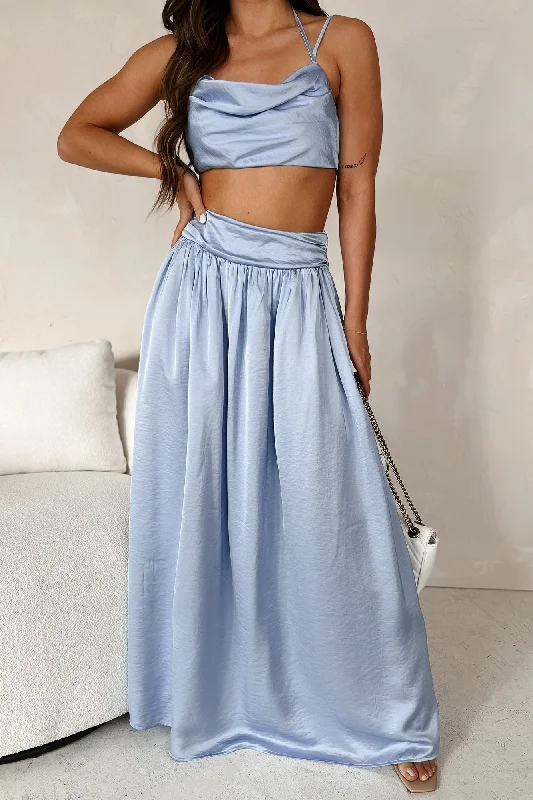 black lace midi skirt-Sophisticated Beauty Satin Two-Piece Skirt Set (Light Blue)