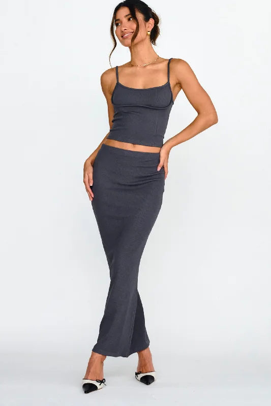 glitter maxi skirt-Strike A Pose Ribbed Maxi Skirt Charcoal