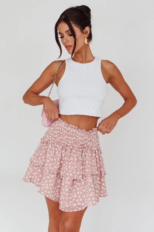 silver lace skirt-Sylvie Shirred Waist Layered Mini Skirt Pink