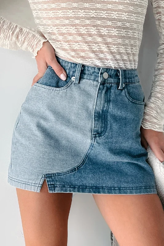 navy blue skirt-Talk About It Colorblock Denim Mini Skirt (Denim)