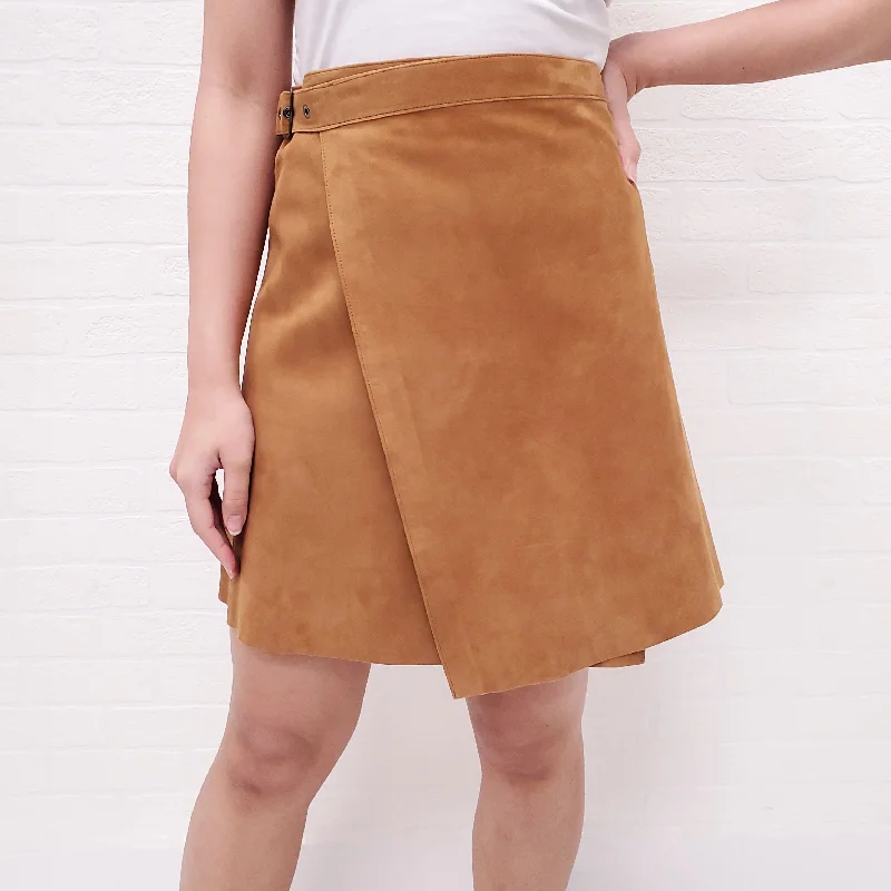 satin wrap skirt-THEORY KHAKI SUEDE SKIRT - SIZE 4 (OVERSIZED FIT)