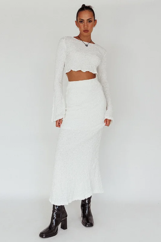 floral maxi skirt-Treasures Textured Midi Skirt White